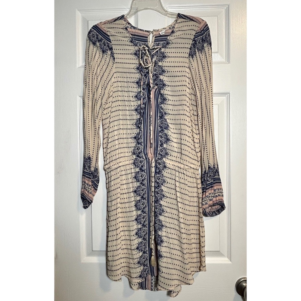 Rip Curl Boho Maxi Dress‎ Cream Blue Pink Paisley Print Lace Up Long Sleeve L